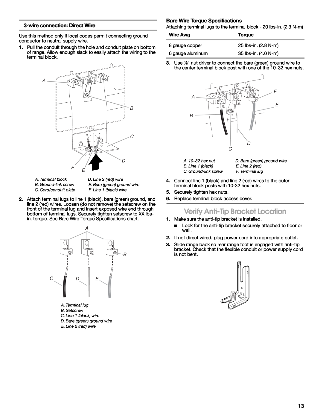 Whirlpool W10270322A Verify Anti-TipBracket Location, wireconnection Direct Wire, Bare Wire Torque Specifications 