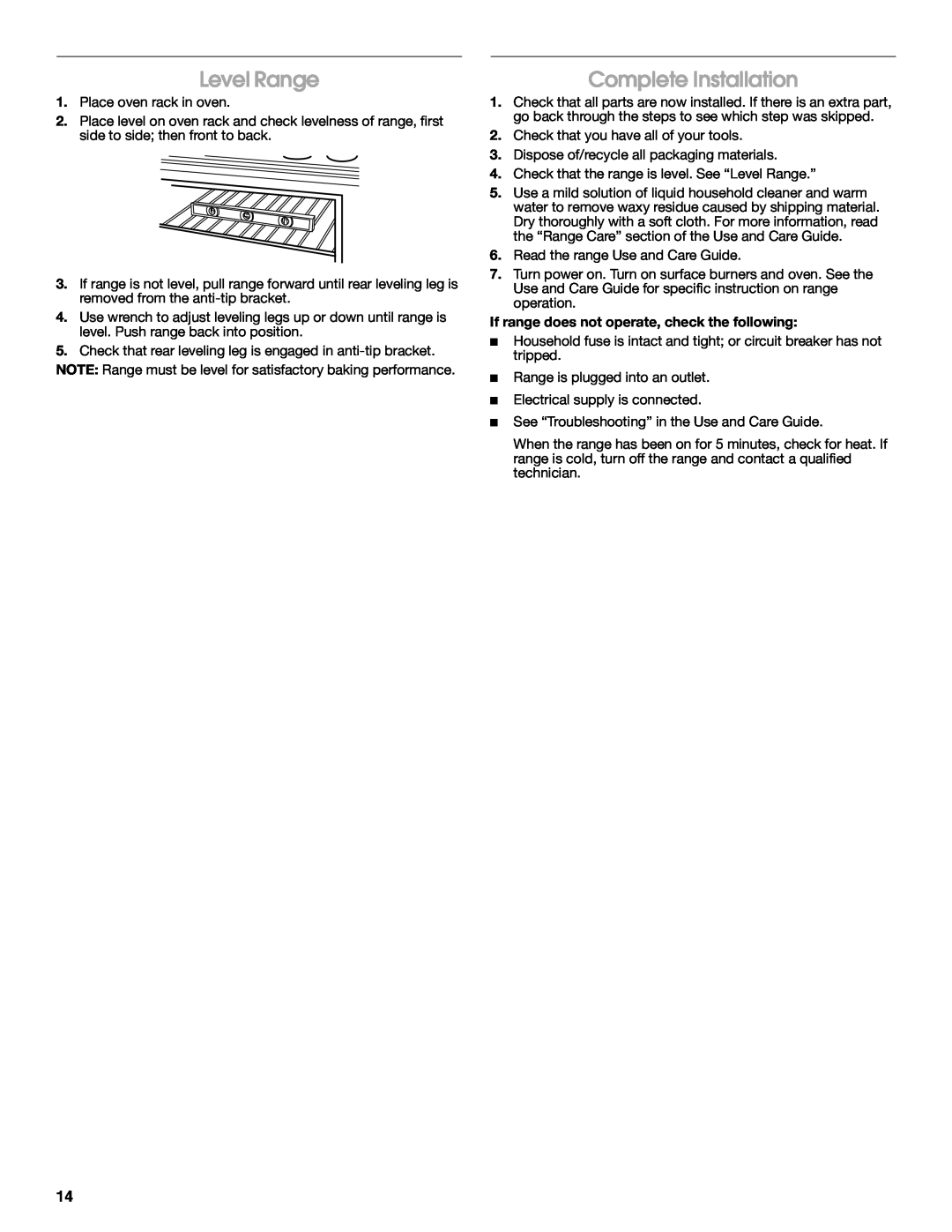 Whirlpool W10270322A Level Range, Complete Installation, If range does not operate, check the following 
