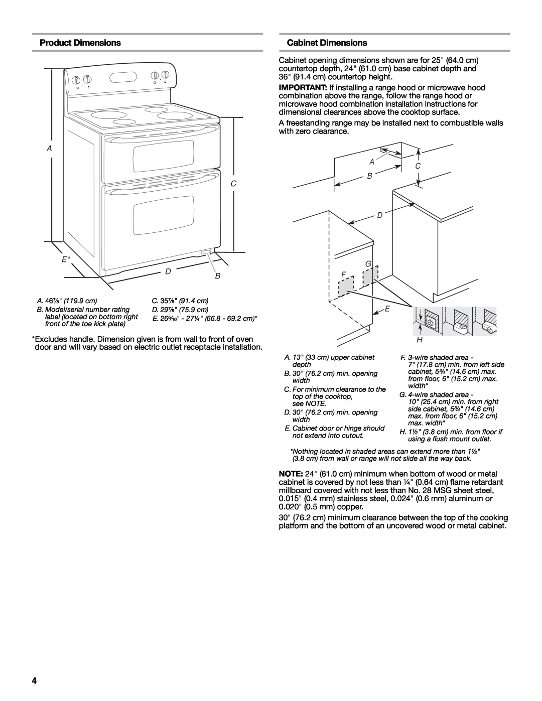 Whirlpool W10270322A installation instructions Product Dimensions, Cabinet Dimensions, A B D G F 