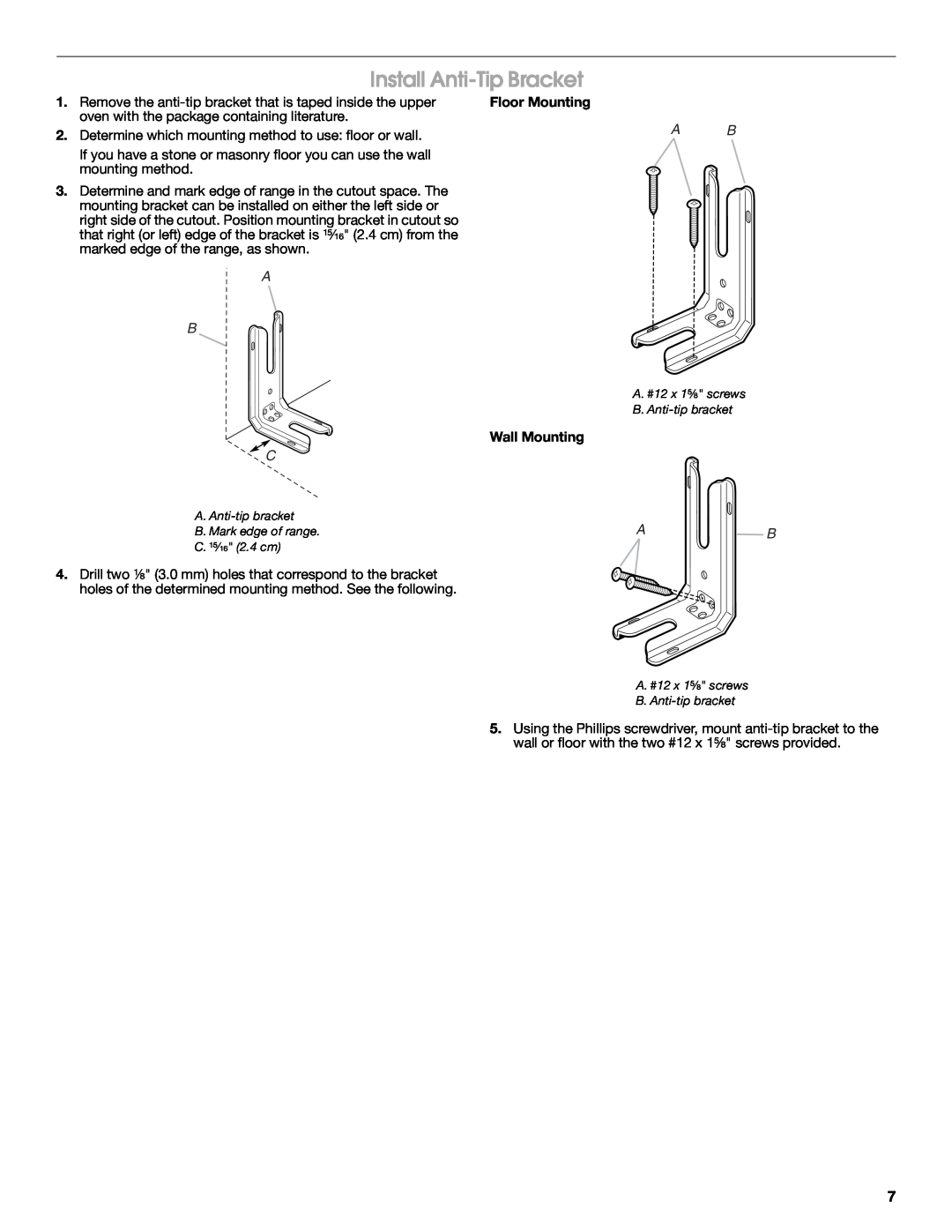 Whirlpool W10270322A installation instructions Install Anti-TipBracket, Floor Mounting, Wall Mounting 