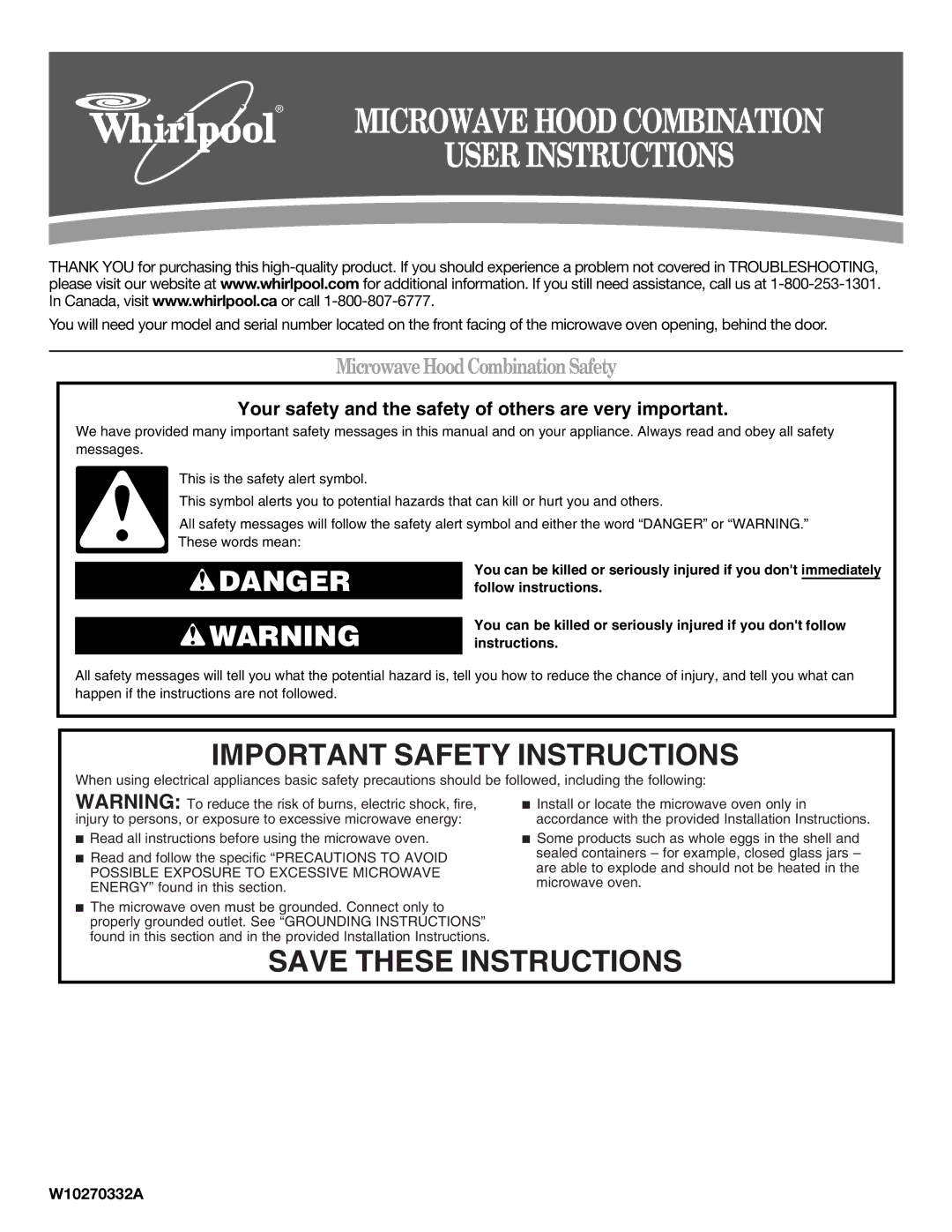 Whirlpool W10270332A important safety instructions MicrowaveHoodCombinationSafety 