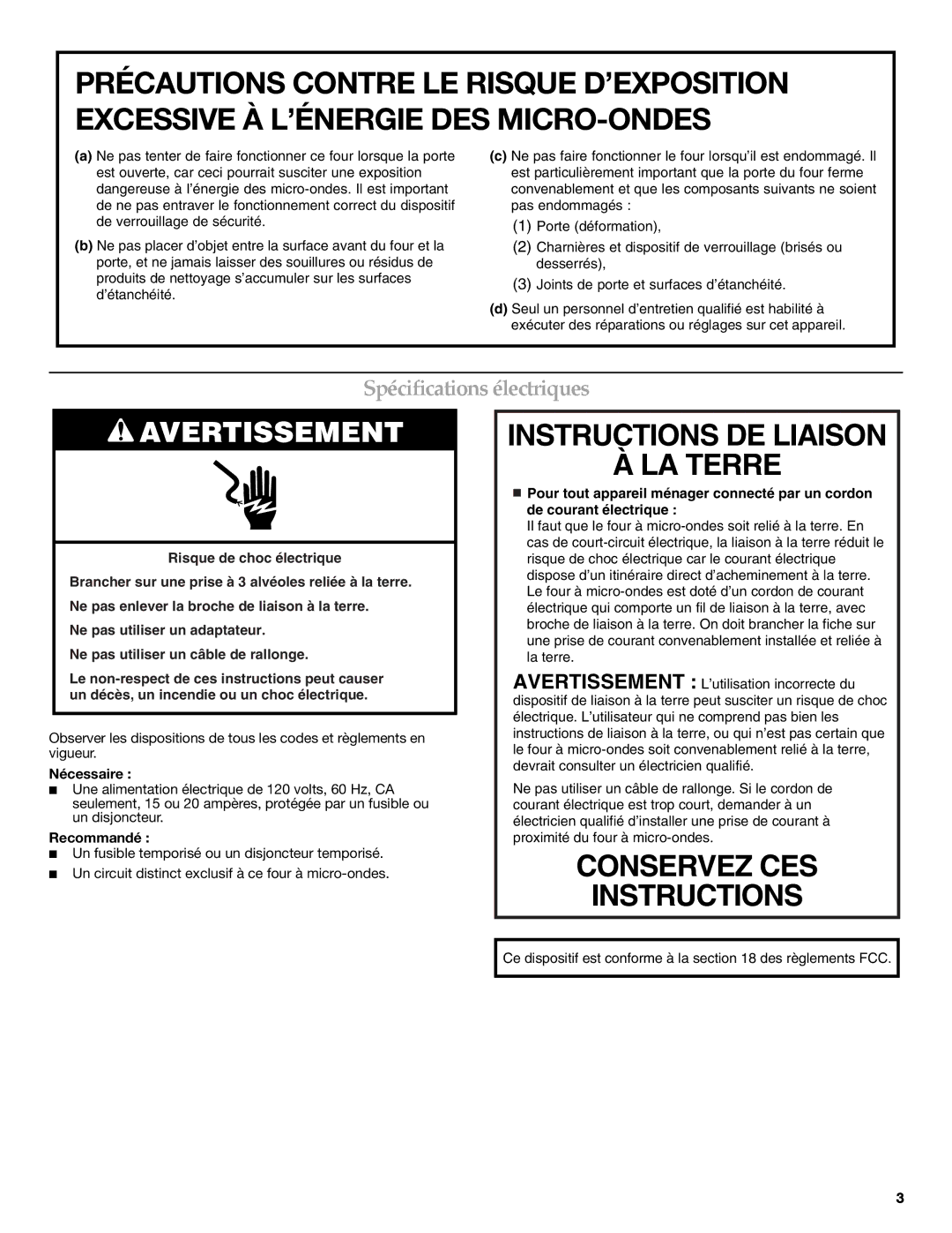 Whirlpool W10270332A important safety instructions Spécifications électriques, Nécessaire, Recommandé 