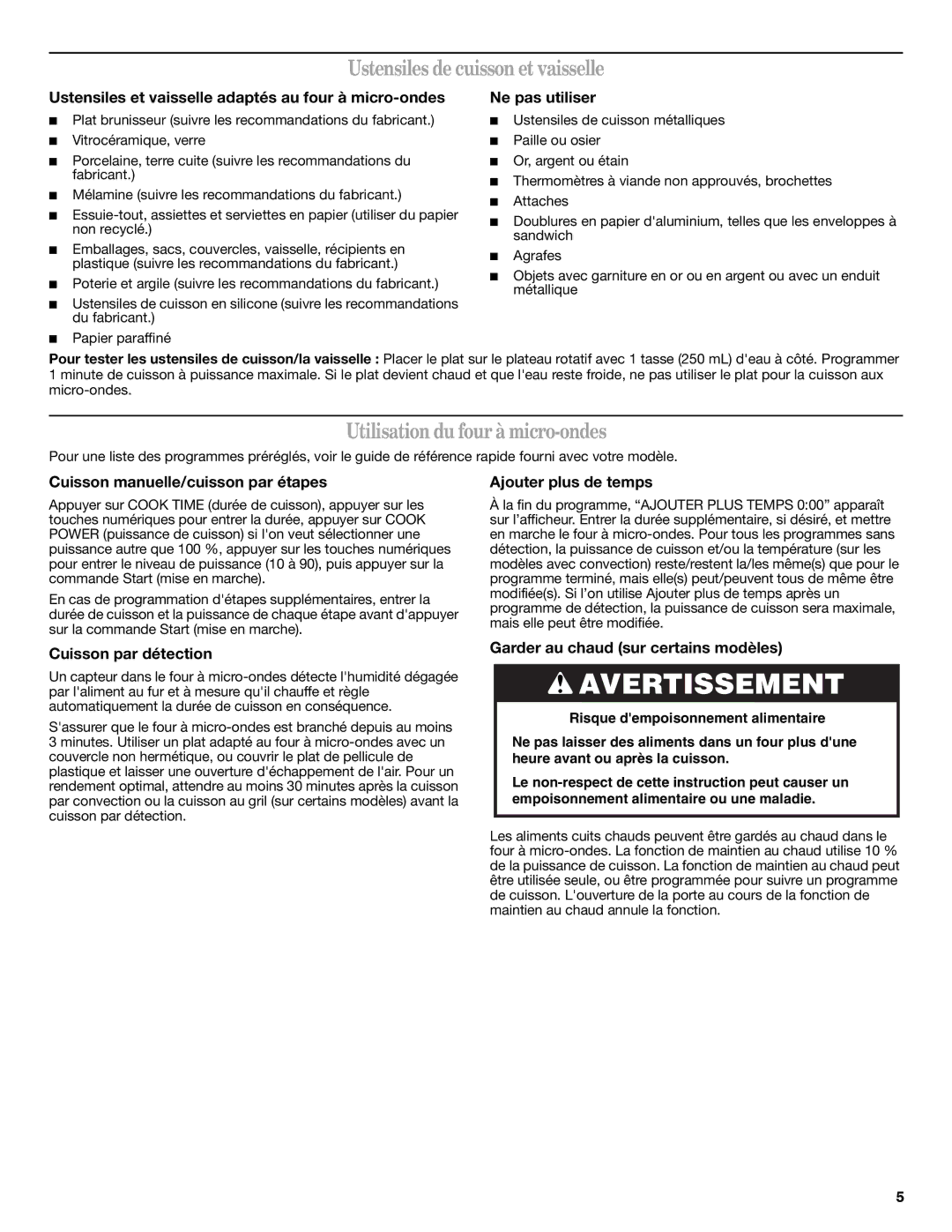 Whirlpool W10270332A important safety instructions Ustensiles de cuisson et vaisselle, Utilisation du four à micro-ondes 