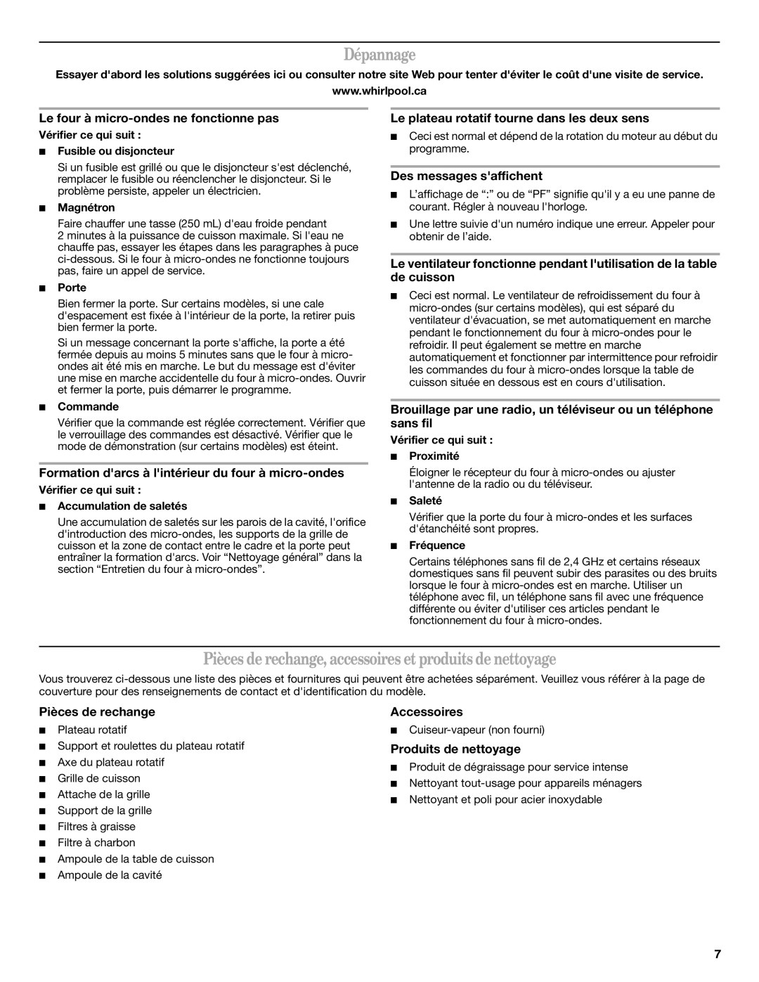 Whirlpool W10270332A important safety instructions Dépannage, Pièces de rechange, accessoires et produits de nettoyage 