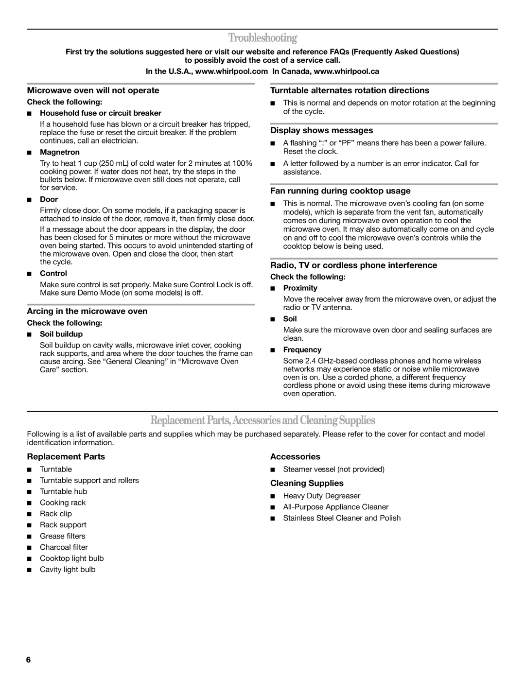 Whirlpool W10270332A important safety instructions Troubleshooting, ReplacementParts,AccessoriesandCleaningSupplies 