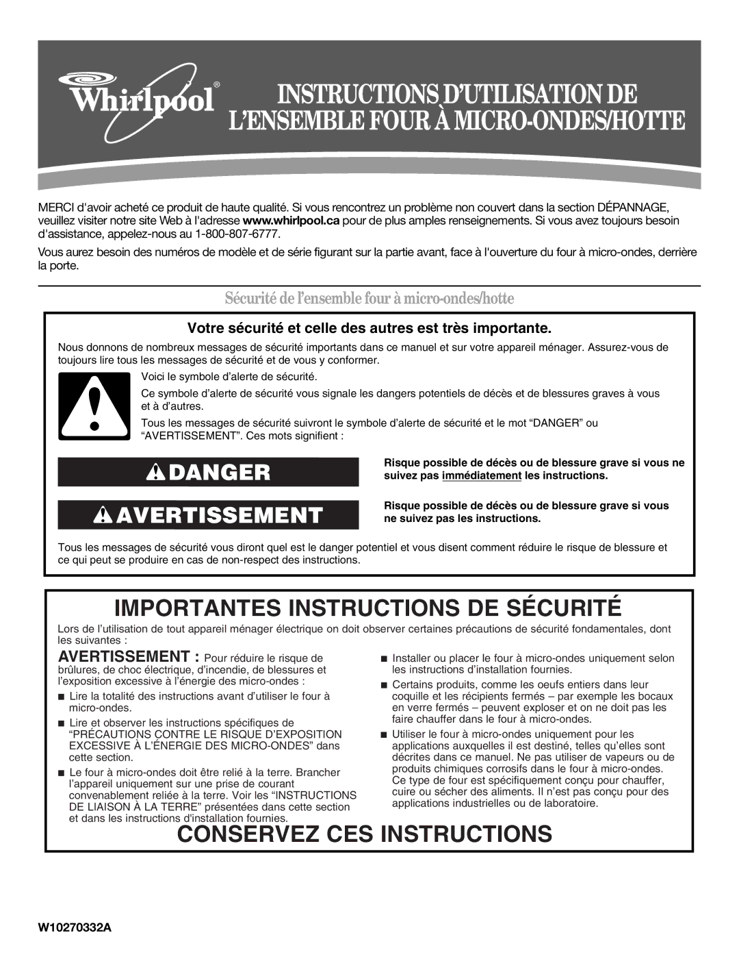 Whirlpool W10270332A Instructions D’UTILISATION DE, Sécurité de l’ensemble four à micro-ondes/hotte 