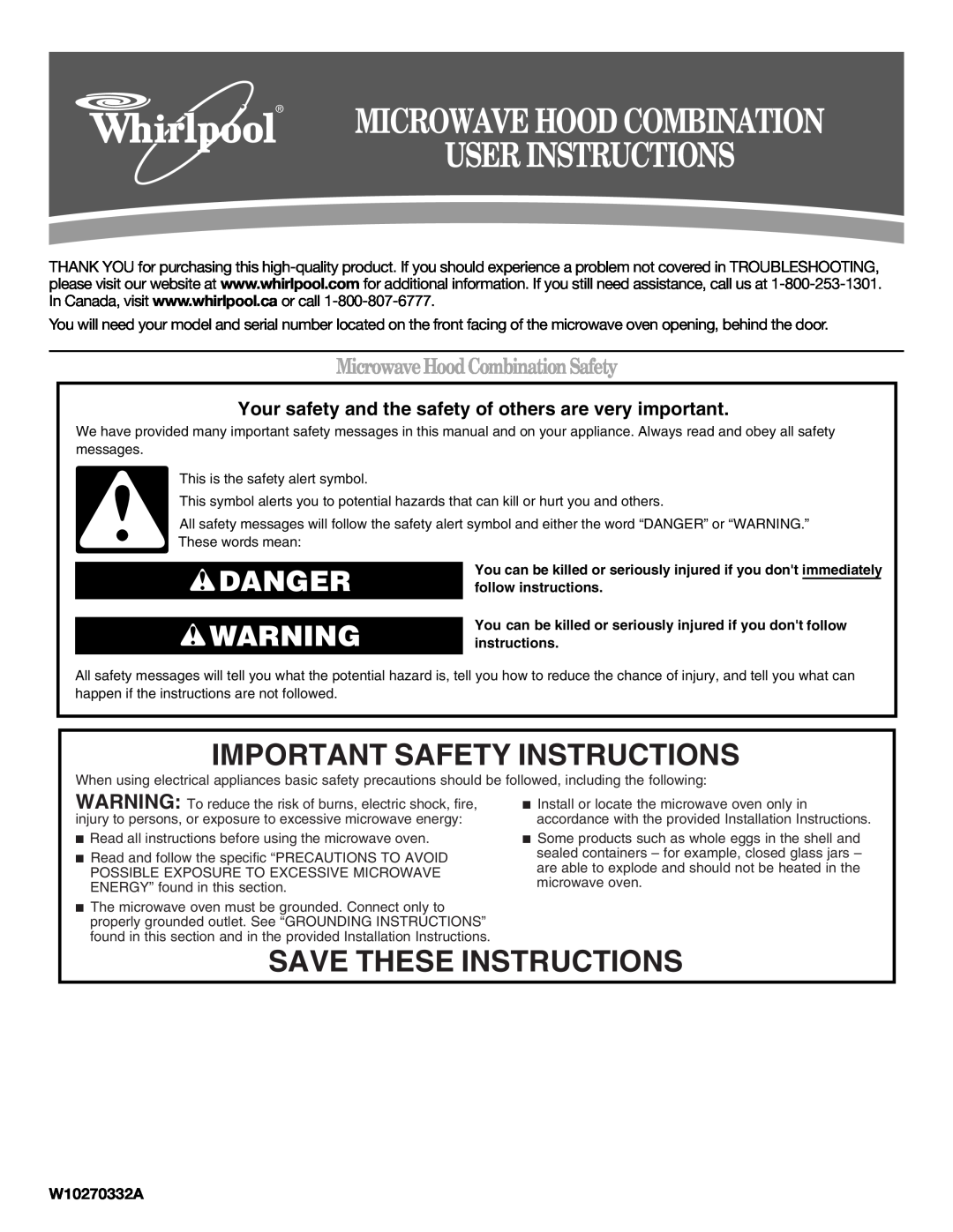 Whirlpool W10270332A important safety instructions Microwave Hood Combination User Instructions, Save These Instructions 