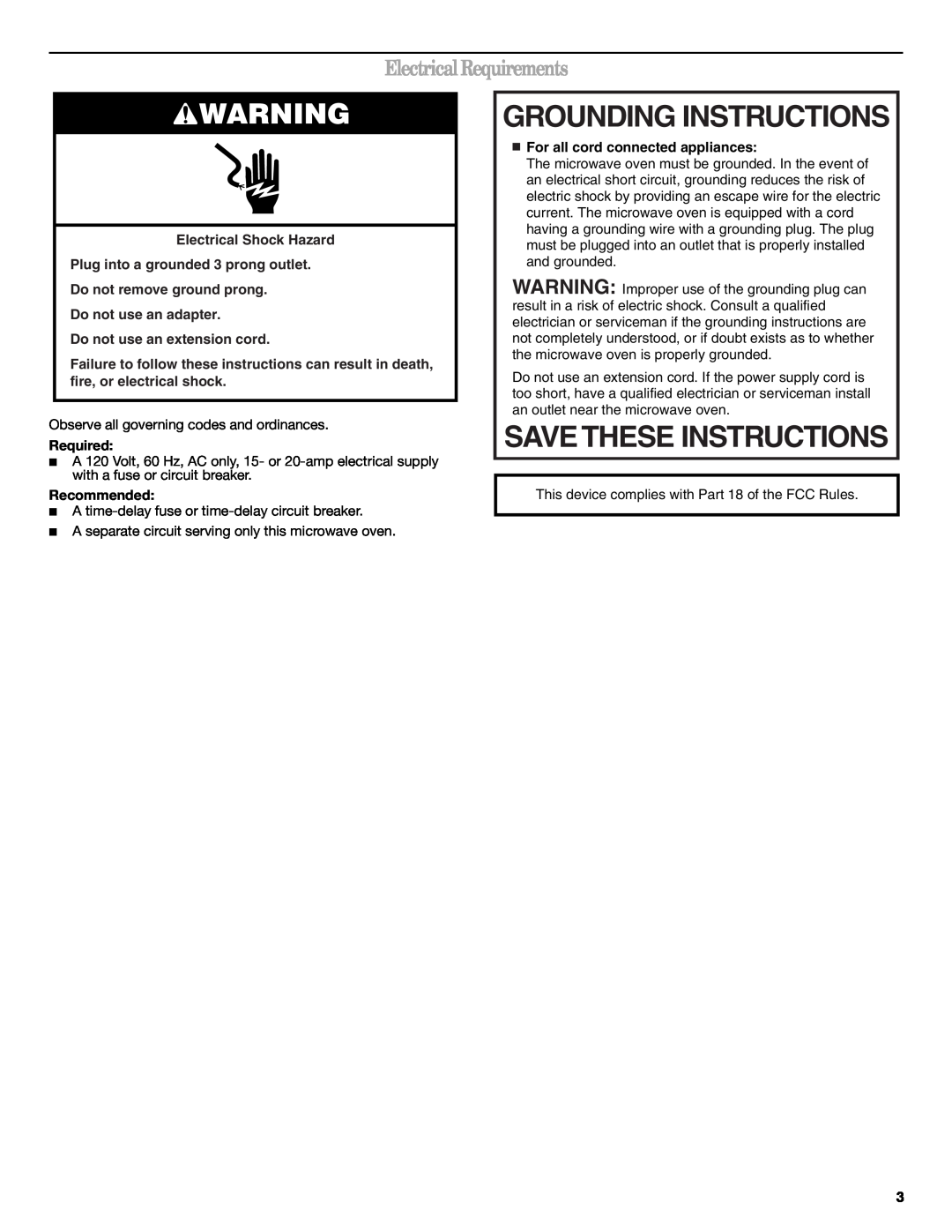 Whirlpool W10270332A Grounding Instructions, ElectricalRequirements, Required, Recommended, Save These Instructions 