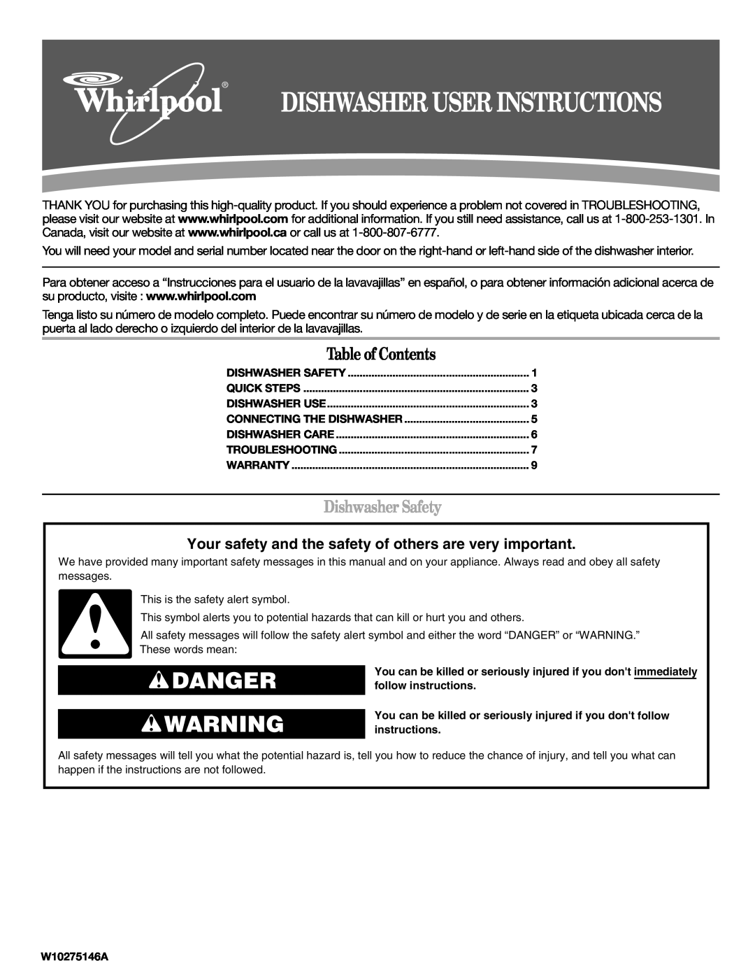 Whirlpool W10275146A manual Dishwasher Safety, Dishwasher User Instructions, Danger, Table of Contents 