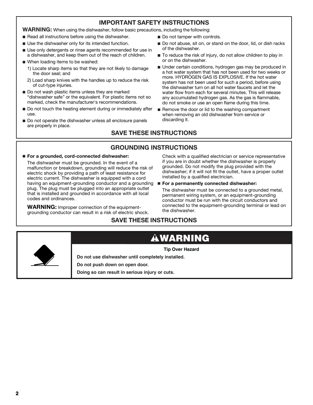 Whirlpool W10275146A manual Important Safety Instructions, Save These Instructions Grounding Instructions, Tip Over Hazard 