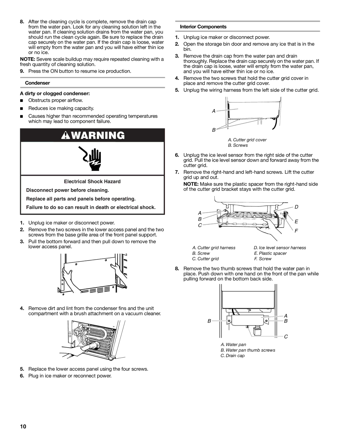 Whirlpool W10282149B manual Condenser Dirty or clogged condenser, Interior Components, Cutter grid cover Screws 