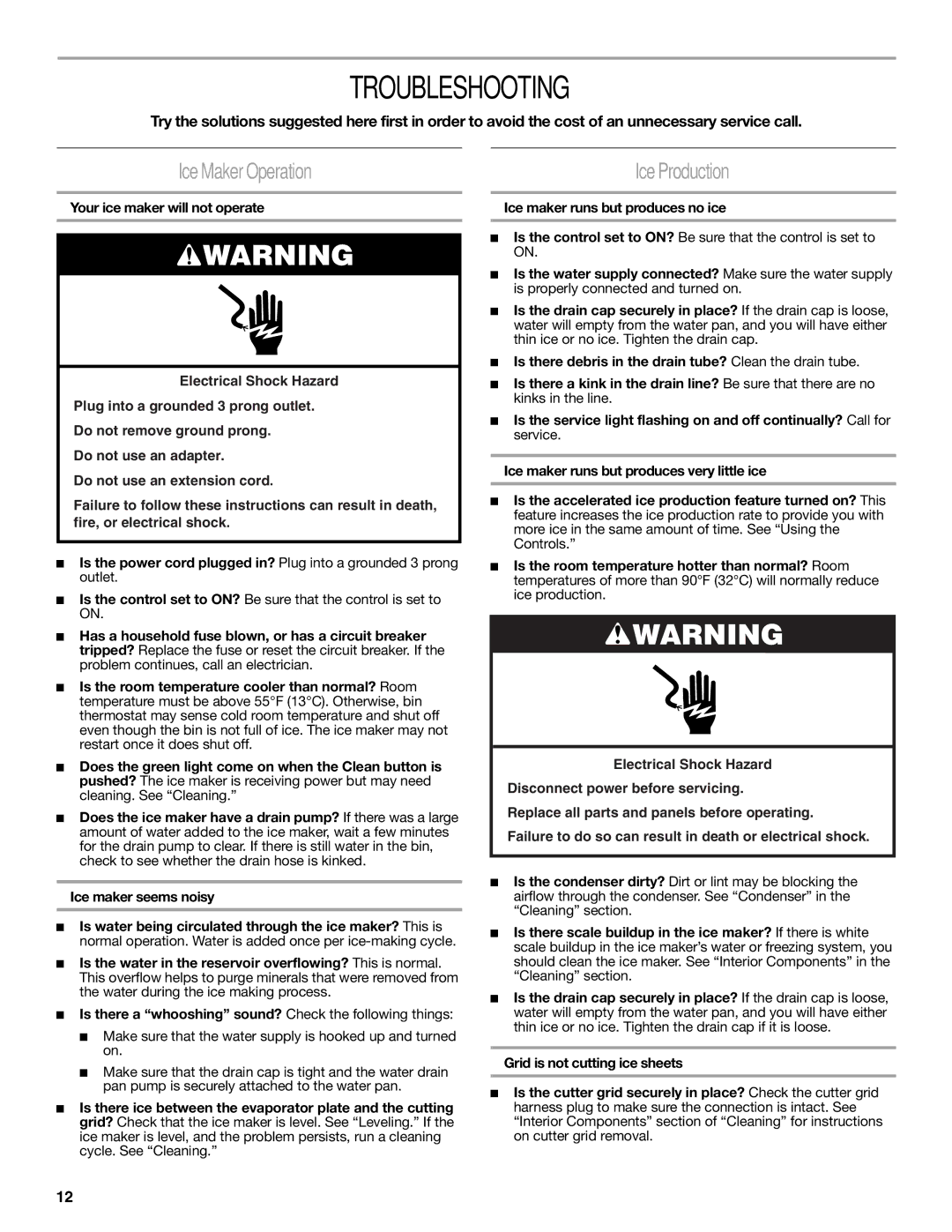 Whirlpool W10282149B manual Troubleshooting, Ice Maker Operation 