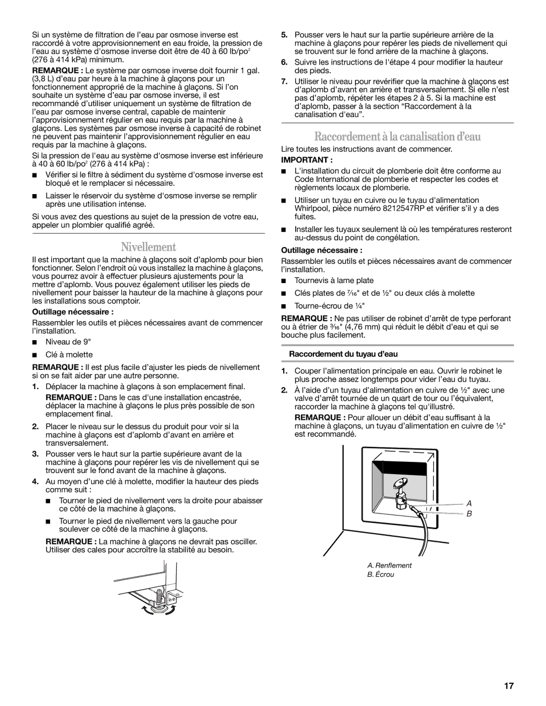 Whirlpool W10282149B Nivellement, Raccordement à la canalisation d’eau, Outillage nécessaire, Raccordement du tuyau d’eau 