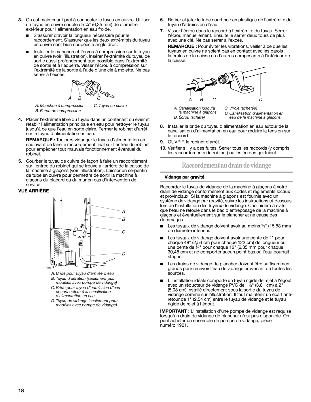 Whirlpool W10282149B manual Raccordementau drain de vidange, VUE Arrière, Vidange par gravité 