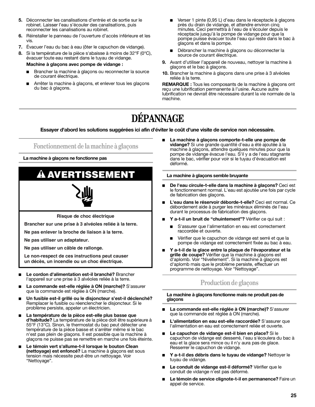 Whirlpool W10282149B manual Dépannage, Fonctionnement de la machine à glaçons, Productionde glaçons 