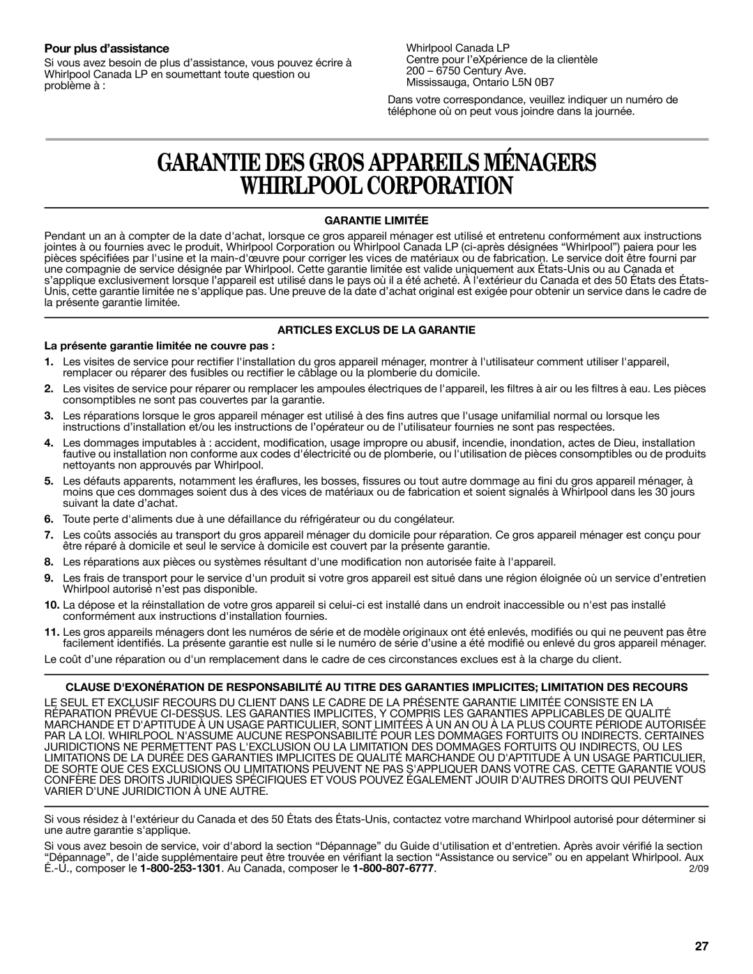 Whirlpool W10282149B Garantie DES Gros Appareils Ménagers Whirlpool Corporation, Pour plus d’assistance, Garantie Limitée 