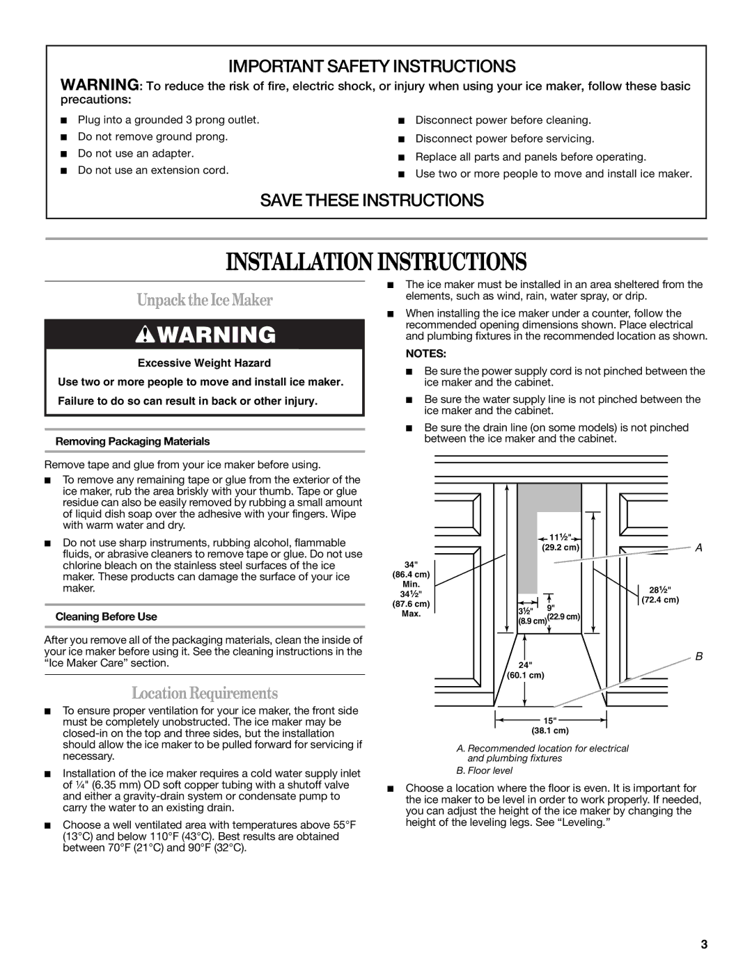 Whirlpool W10282149B manual Installation Instructions, Unpack the IceMaker, LocationRequirements, Cleaning Before Use 