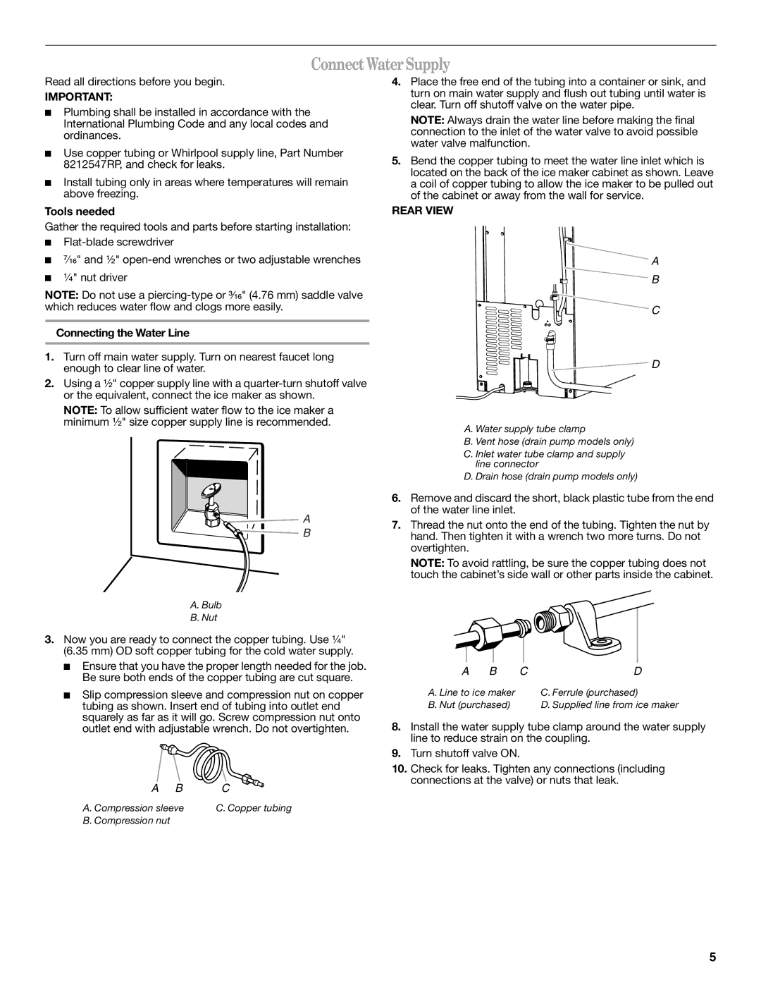 Whirlpool W10282149B manual Connect Water Supply, Connecting the Water Line, Rear View 