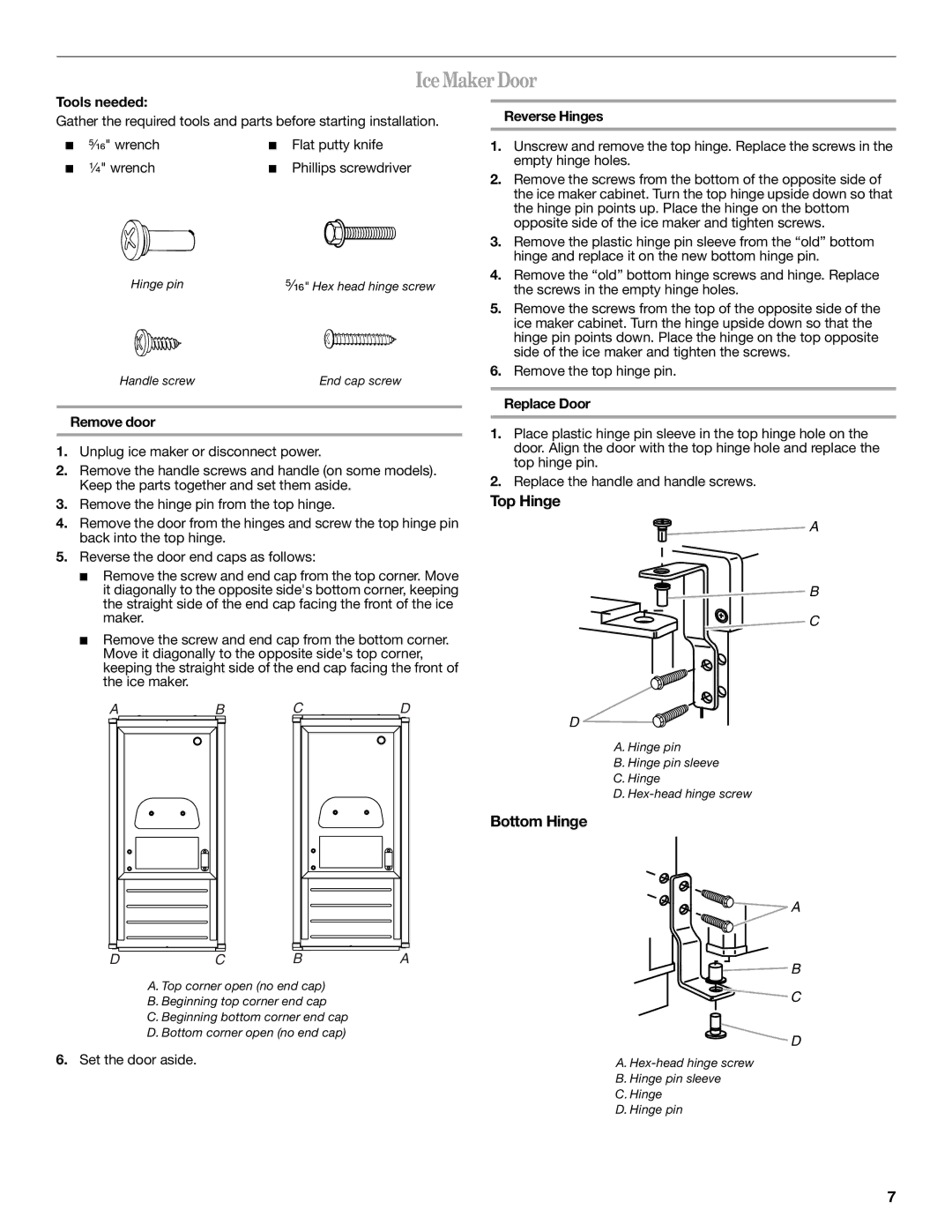 Whirlpool W10282149B manual Ice Maker Door, Top Hinge, Bottom Hinge 