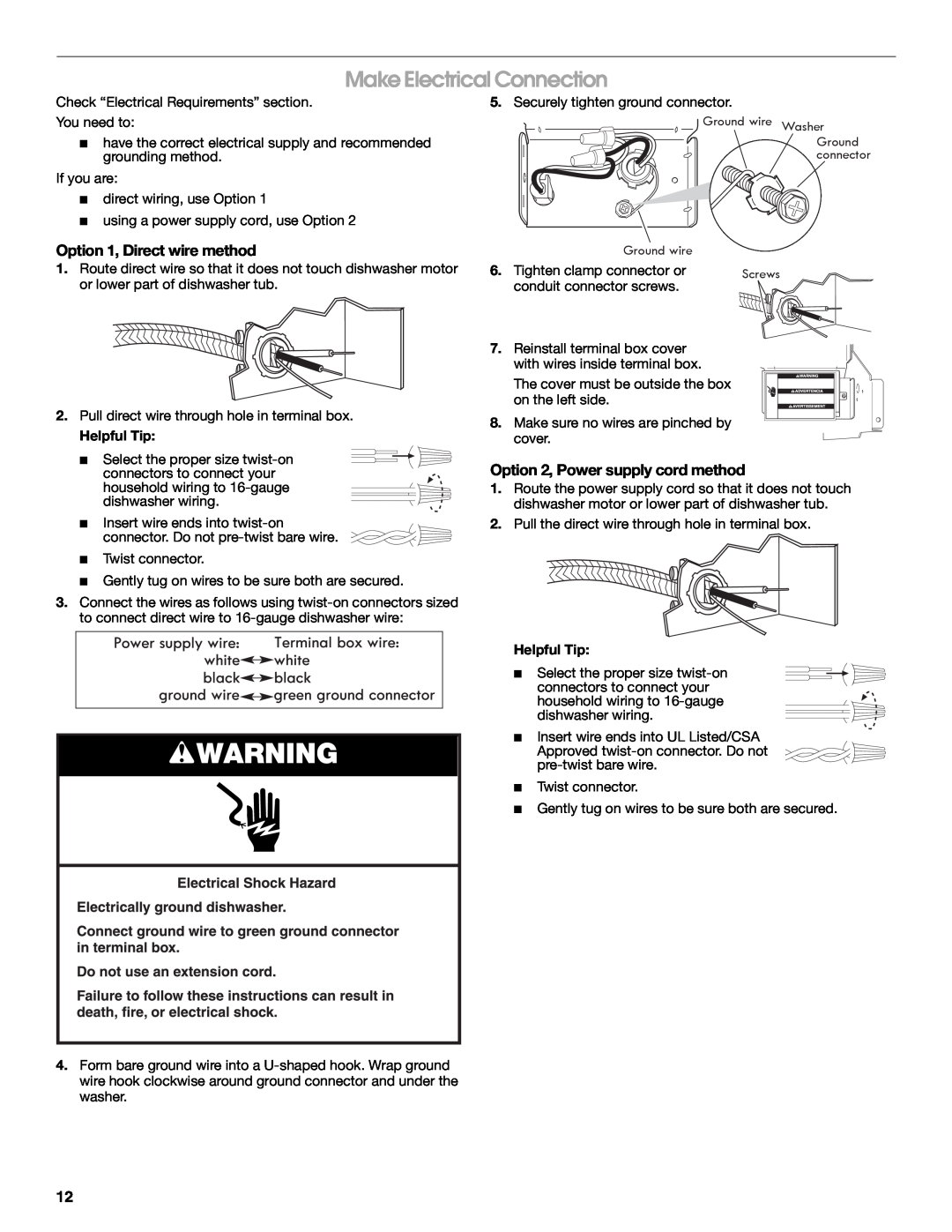 Whirlpool W10282559A installation instructions Make Electrical Connection, Helpful Tip, Option 1, Direct wire method 
