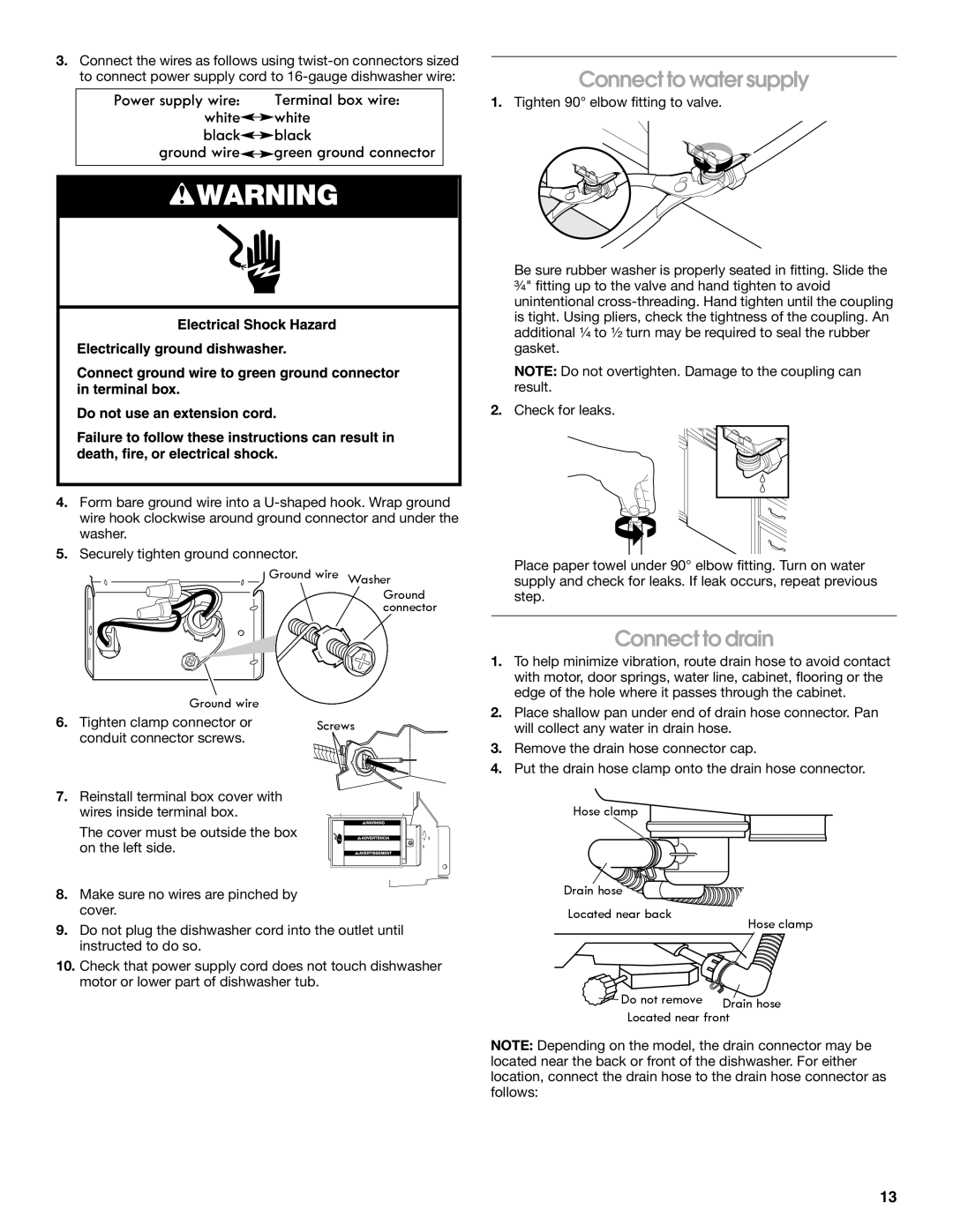 Whirlpool W10282559A installation instructions Connect to water supply, Connect to drain 