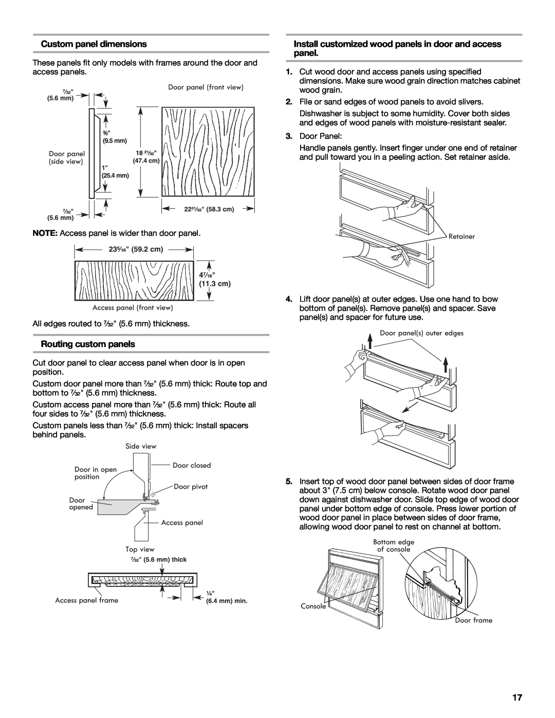 Whirlpool W10282559A installation instructions Custom panel dimensions, Routing custom panels 