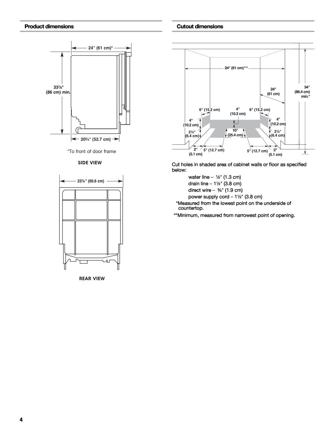 Whirlpool W10282559A installation instructions Product dimensions, Side View Rear View, Cutout dimensions 