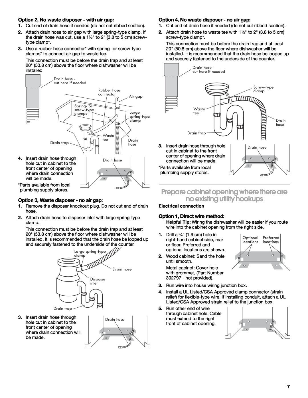 Whirlpool W10282559A Prepare cabinet opening where there are, no existing utility hookups, Option 1, Direct wire method 