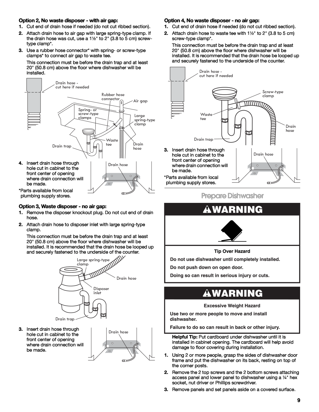 Whirlpool W10282559A Prepare Dishwasher, Option 2, No waste disposer - with air gap, Option 3, Waste disposer - no air gap 
