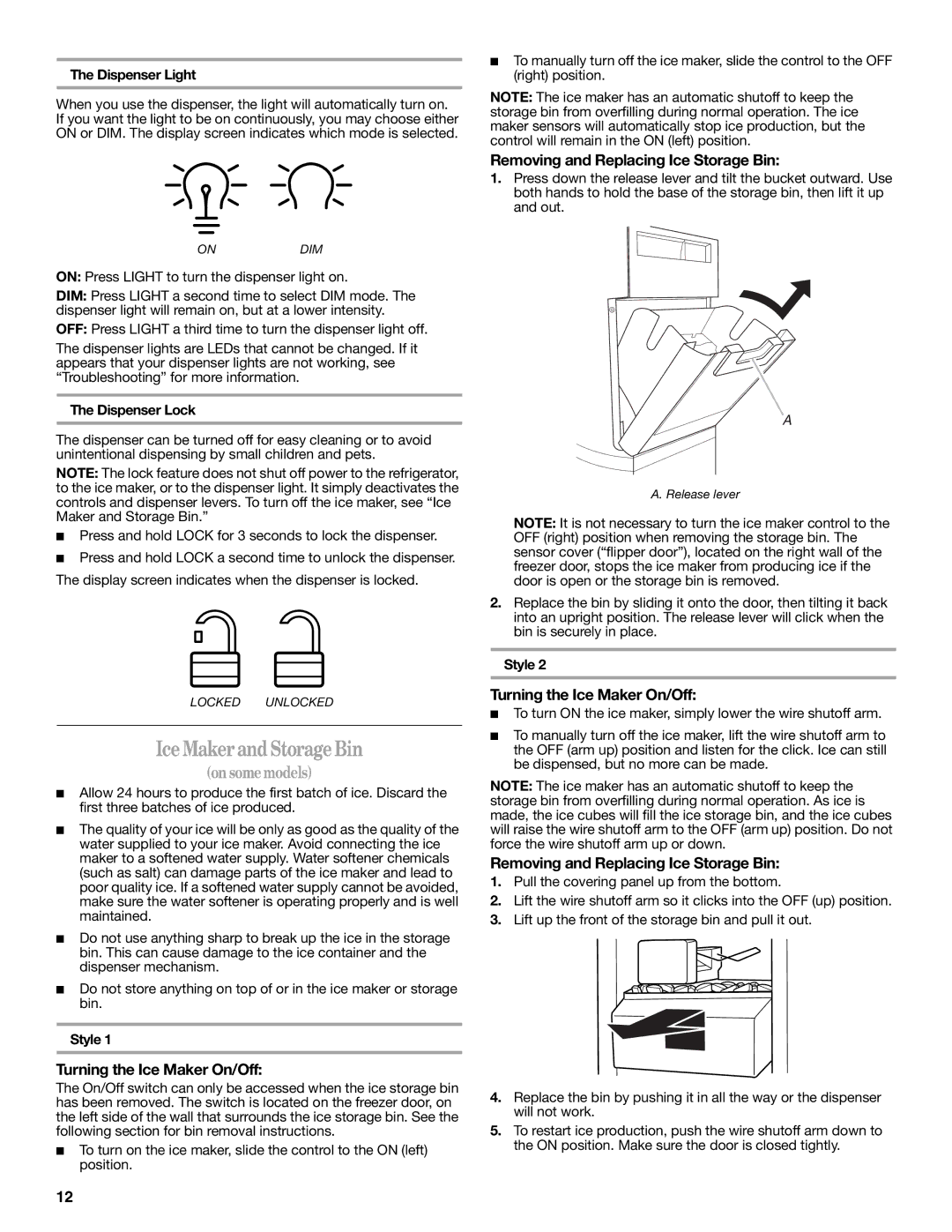 Whirlpool W10297006B Ice Maker and Storage Bin, Turning the Ice Maker On/Off, Removing and Replacing Ice Storage Bin 