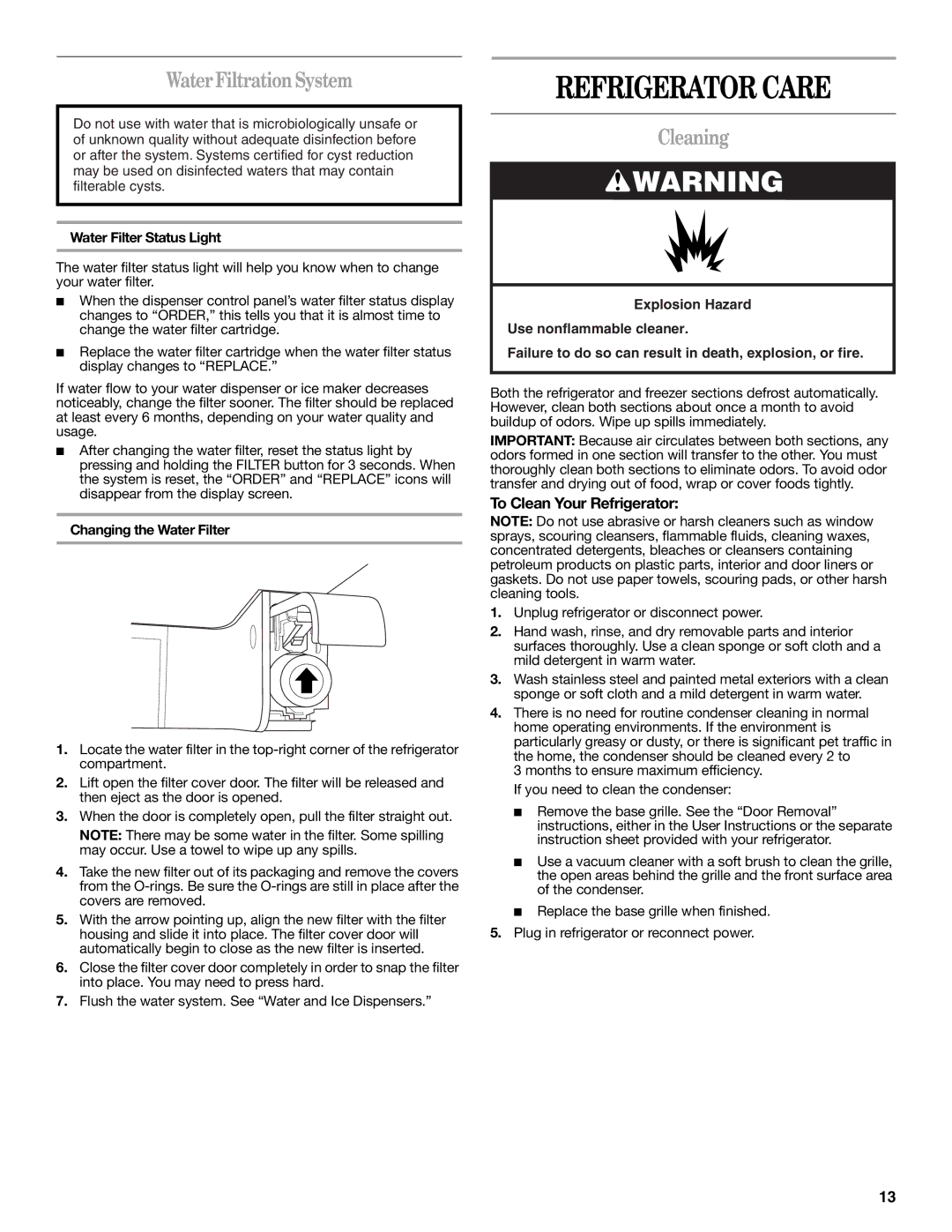 Whirlpool W10297006B Refrigerator Care, Water Filtration System, Cleaning, To Clean Your Refrigerator 