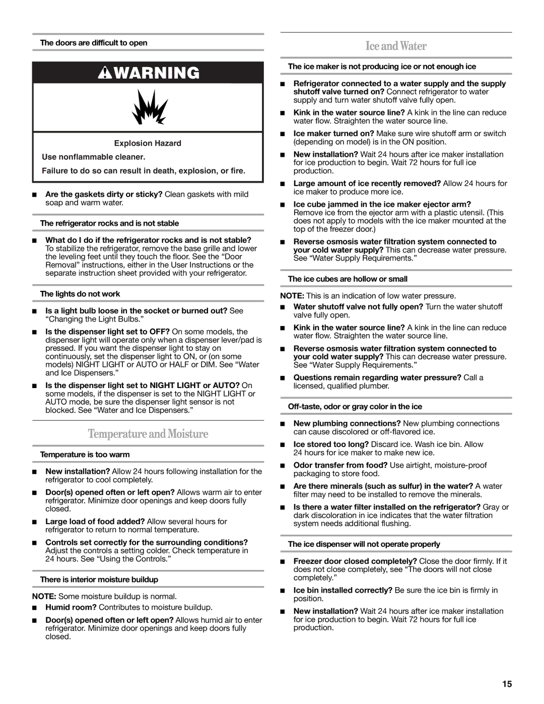 Whirlpool W10297006B installation instructions Temperature and Moisture, Ice and Water, Temperature is too warm 