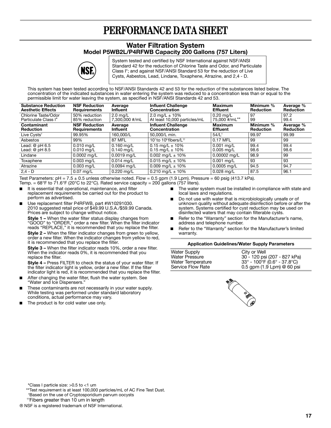 Whirlpool W10297006B installation instructions Performance Data Sheet, Water Filtration System 