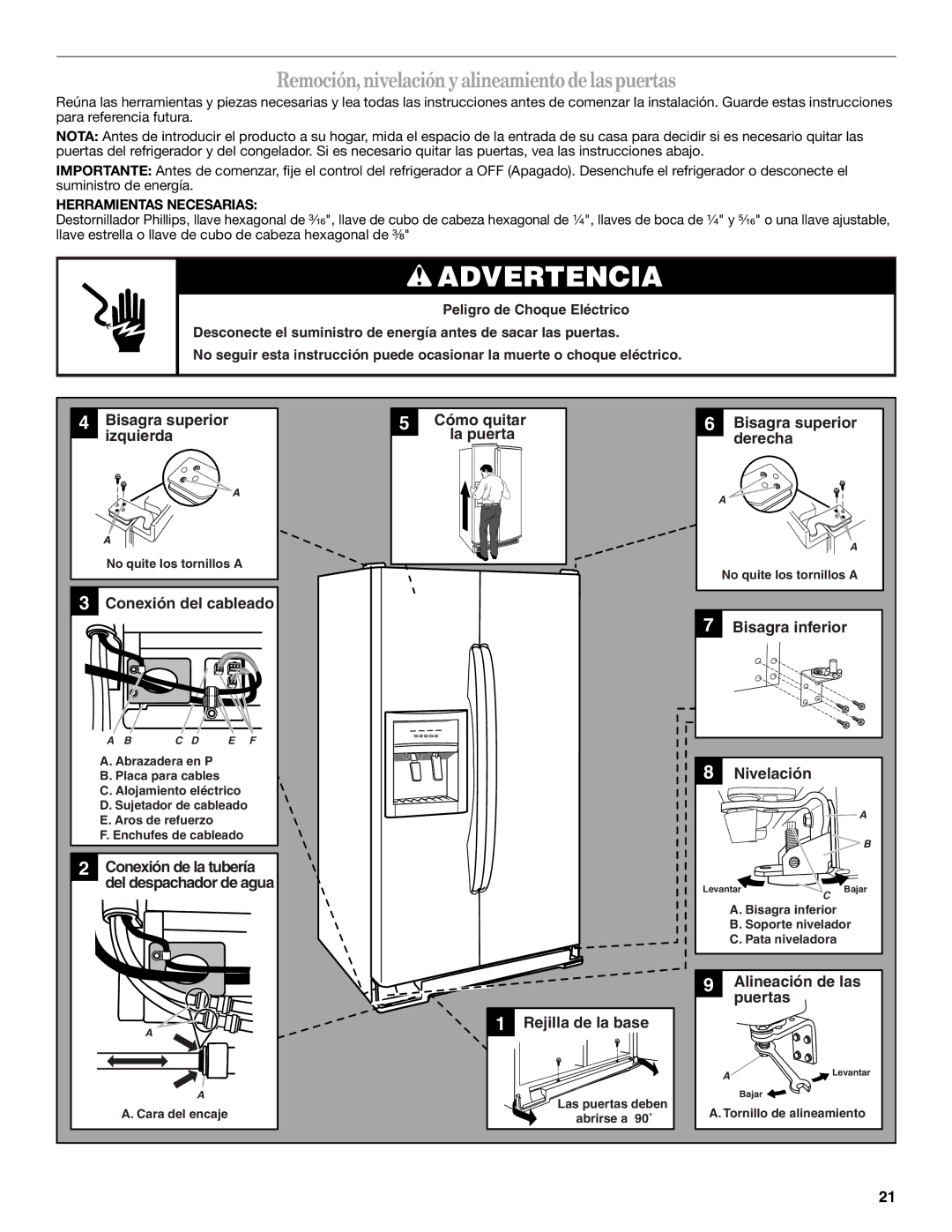 Whirlpool W10297006B installation instructions Remoción, nivelación y alineamiento delas puertas, Herramientas Necesarias 