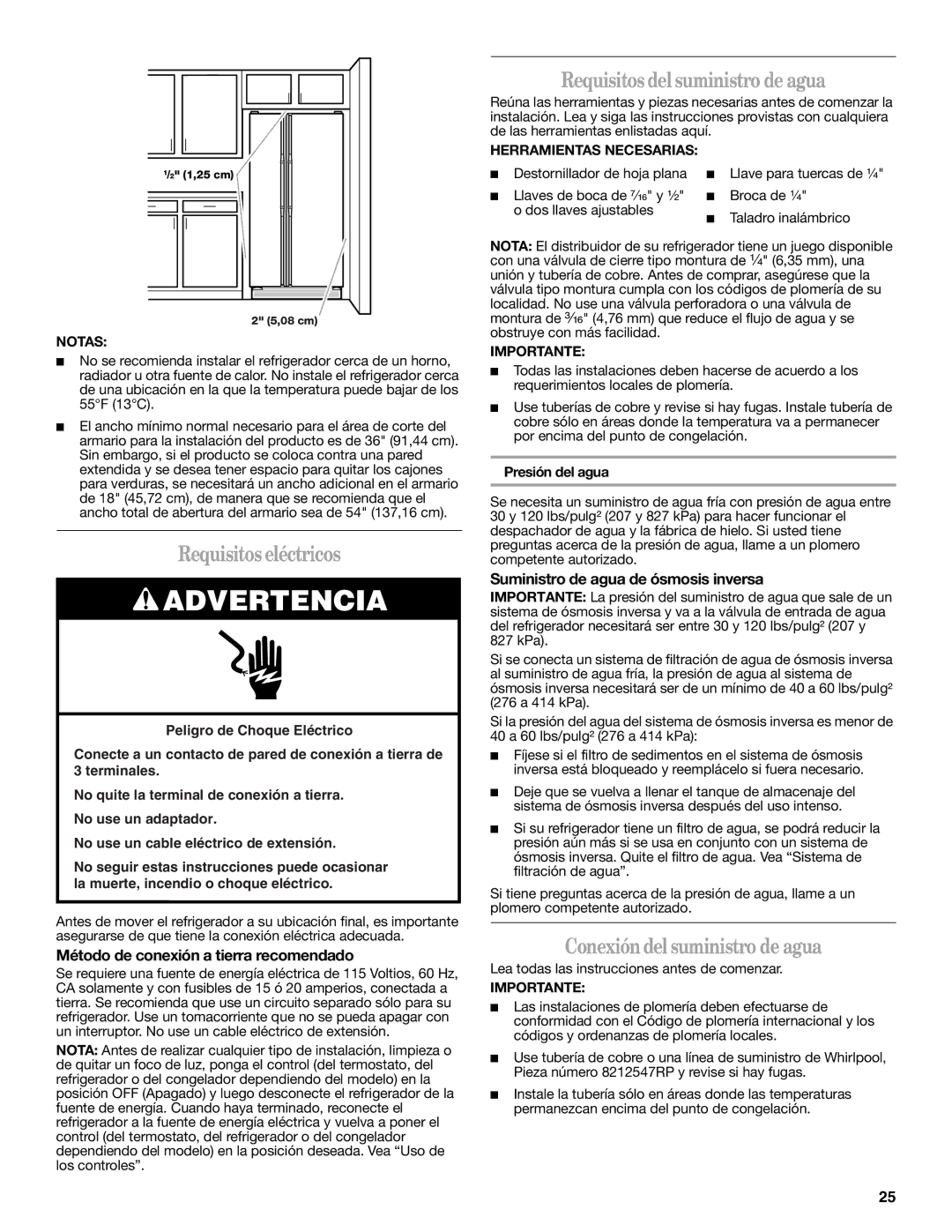 Whirlpool W10297006B Requisitos eléctricos, Requisitos del suministro de agua, Conexión del suministro de agua 