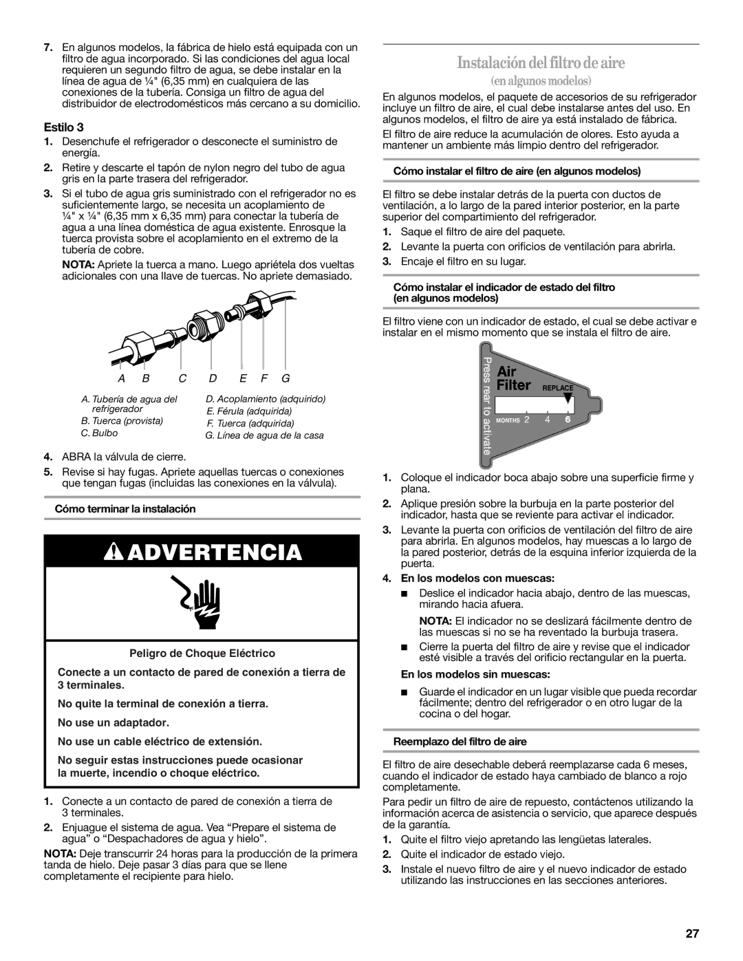 Whirlpool W10297006B installation instructions Instalación del filtro de aire 