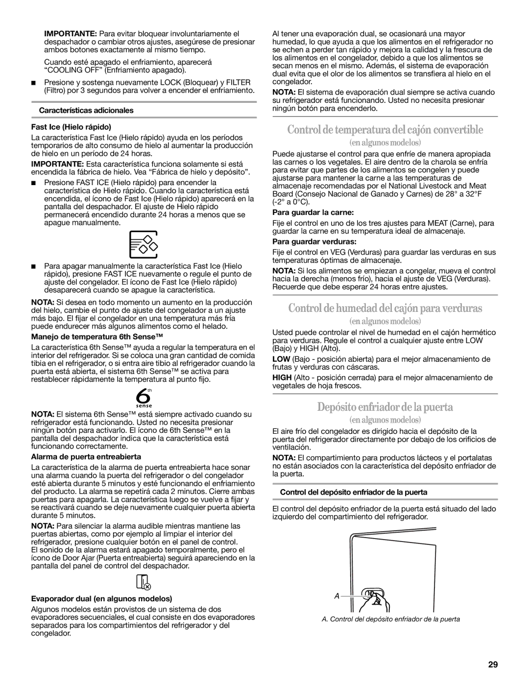 Whirlpool W10297006B Control de temperatura del cajón convertible, Control de humedad del cajón para verduras 