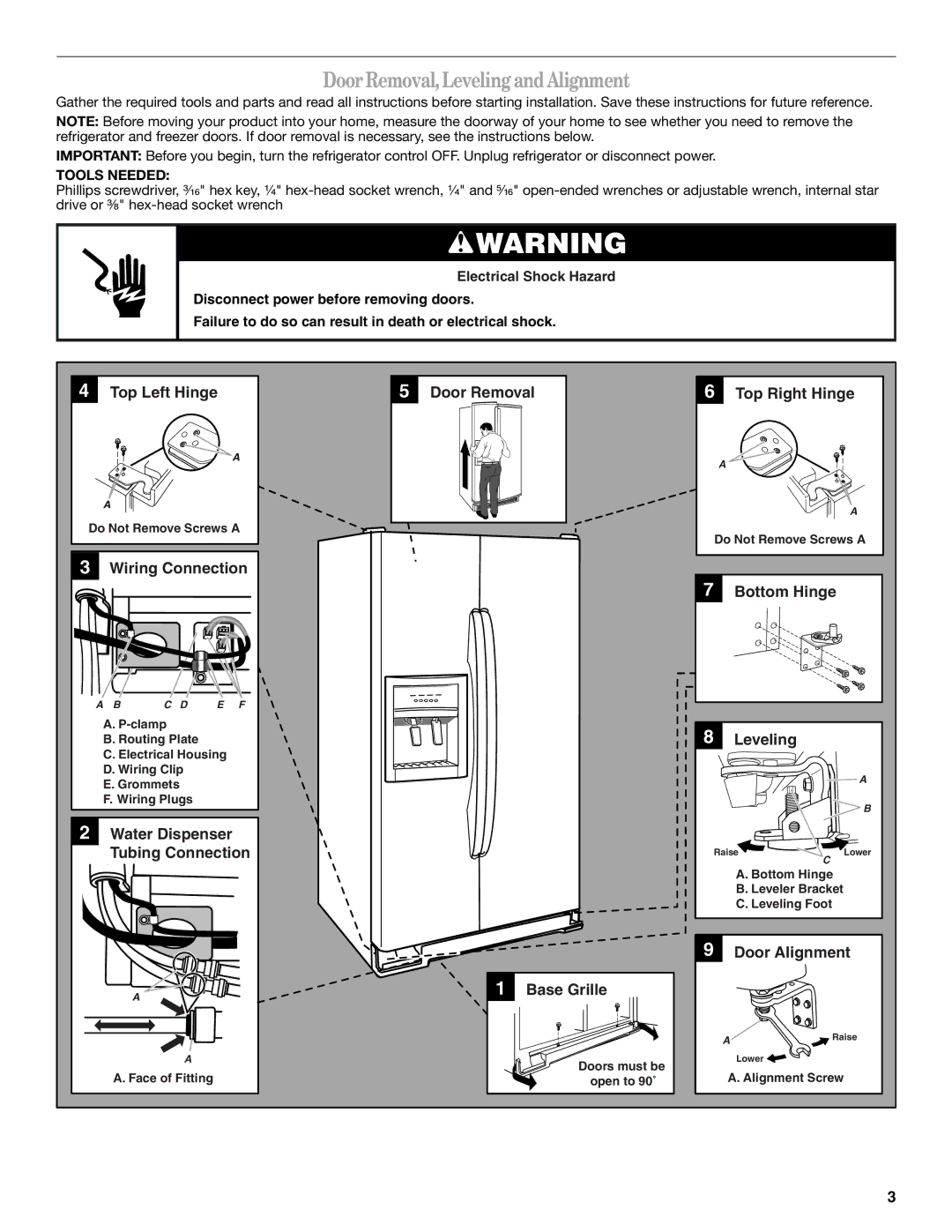 Whirlpool W10297006B installation instructions Door Removal, Leveling and Alignment, Tools Needed 