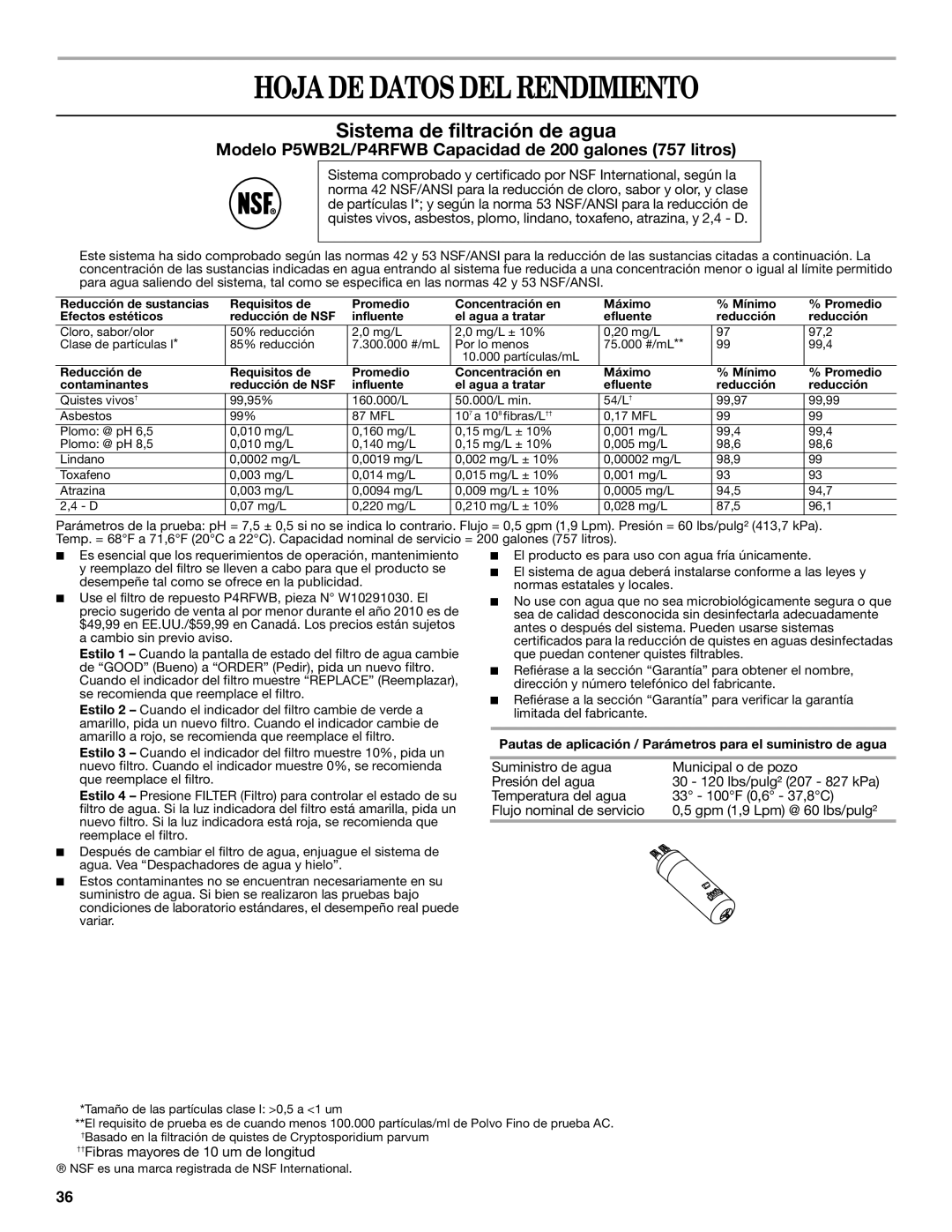 Whirlpool W10297006B installation instructions Hoja DE Datos DEL Rendimiento, Sistema de filtración de agua 