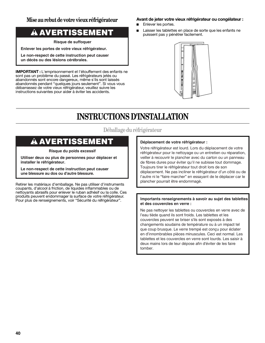 Whirlpool W10297006B installation instructions Instructions Dinstallation, Déballage duréfrigérateur 