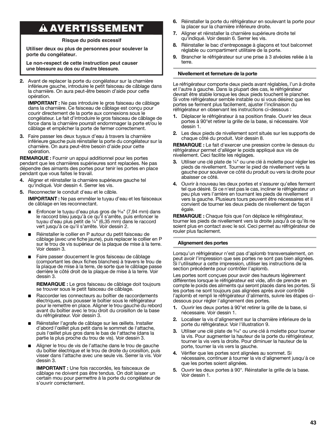 Whirlpool W10297006B installation instructions Nivellement et fermeture de la porte, Alignement des portes 