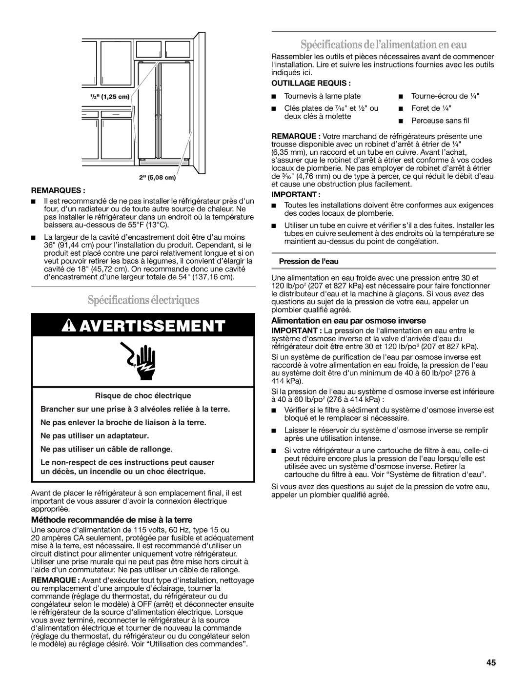 Whirlpool W10297006B installation instructions Spécificationsélectriques, Spécifications del’alimentationen eau 