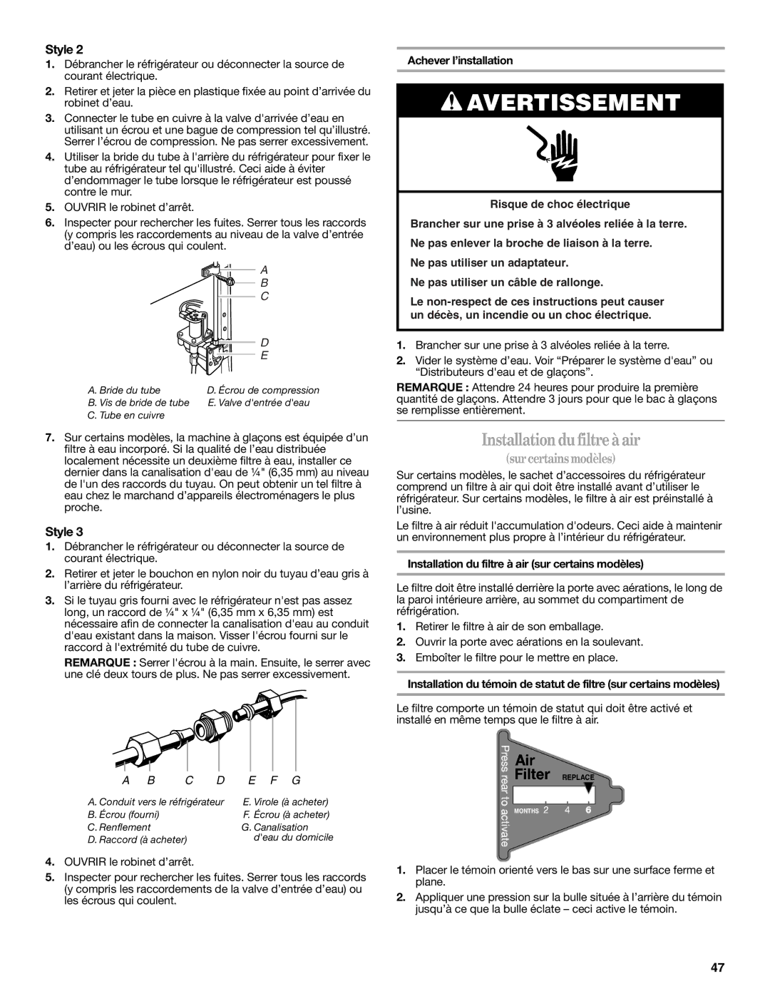 Whirlpool W10297006B installation instructions Installationdu filtre à air, Achever l’installation 