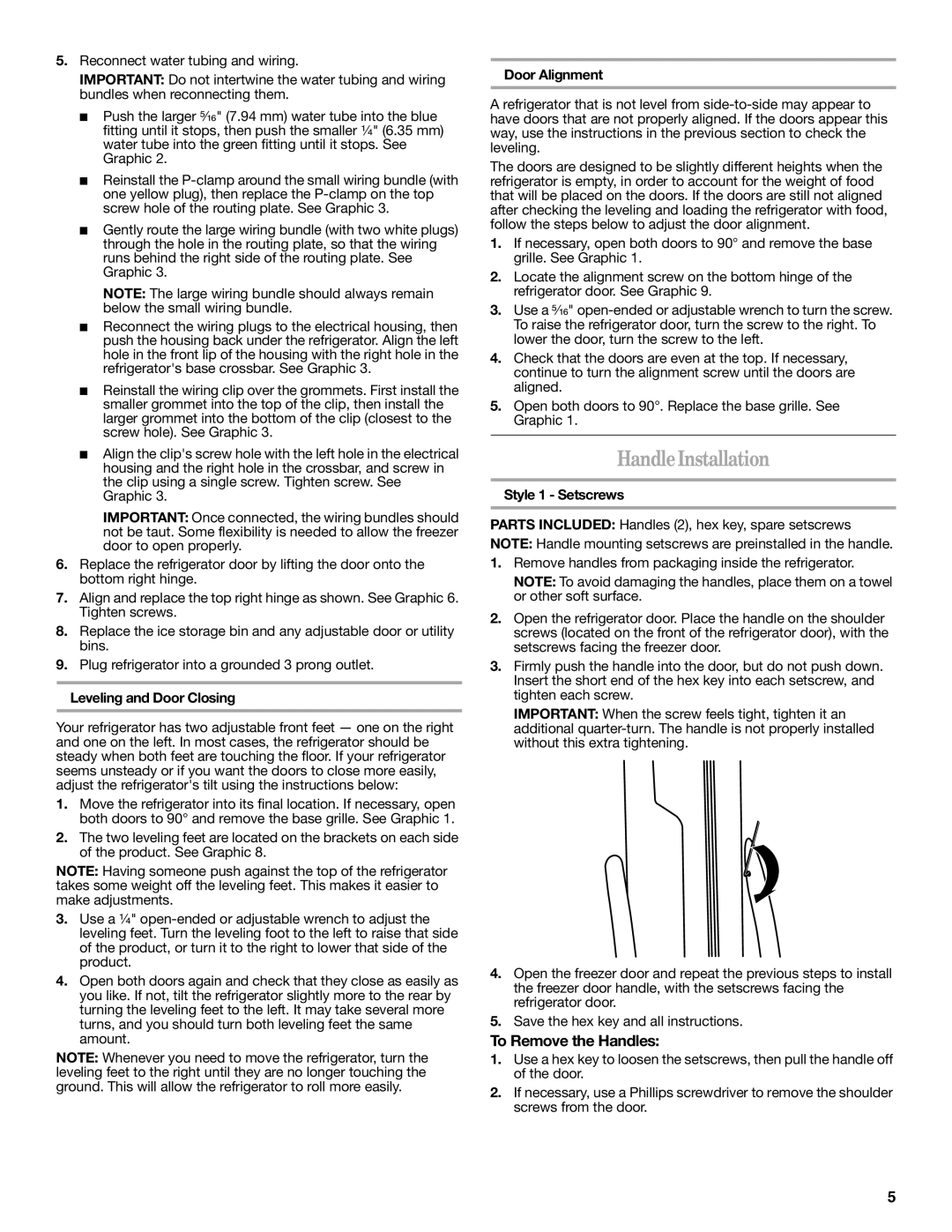 Whirlpool W10297006B HandleInstallation, To Remove the Handles, Leveling and Door Closing, Door Alignment 