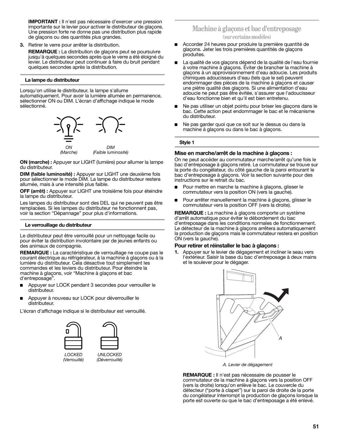 Whirlpool W10297006B Machineà glaçons et bac dentreposage, Mise en marche/arrêt de la machine à glaçons 