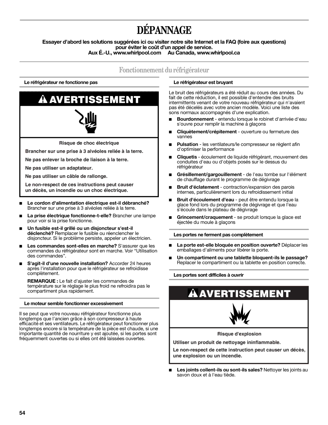 Whirlpool W10297006B installation instructions Dépannage, Fonctionnement du réfrigérateur 