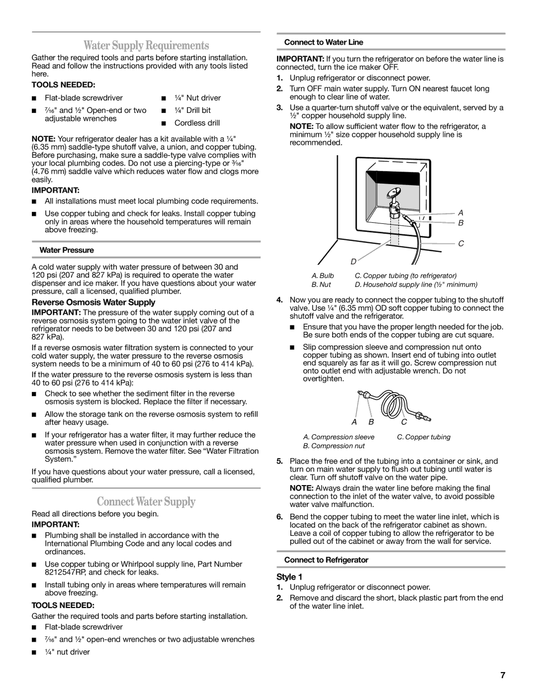 Whirlpool W10297006B Water Supply Requirements, Connect Water Supply, Reverse Osmosis Water Supply, Style 