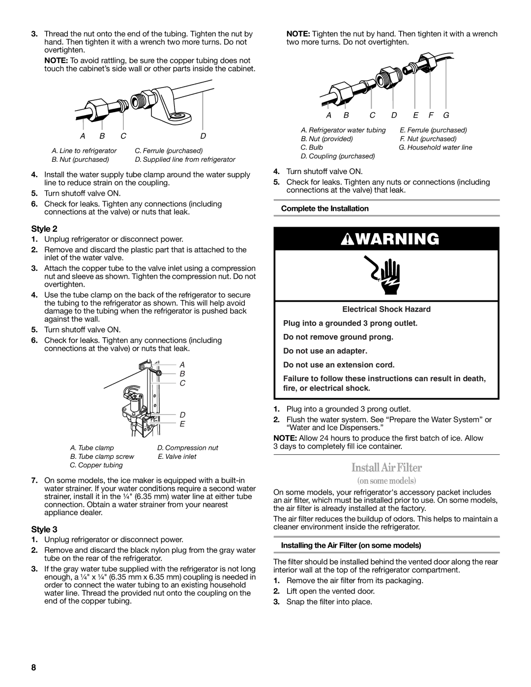 Whirlpool W10297006B installation instructions Install Air Filter, Installing the Air Filter on some models 