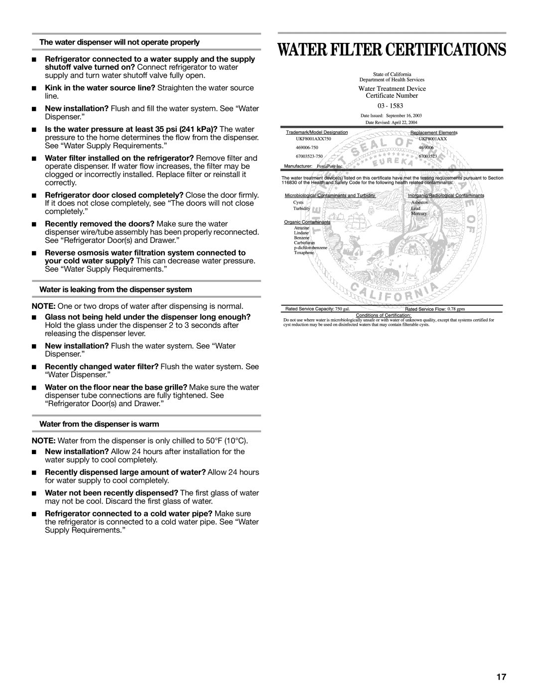 Whirlpool W10297791 installation instructions Water Filter Certifications, Water dispenser will not operate properly 