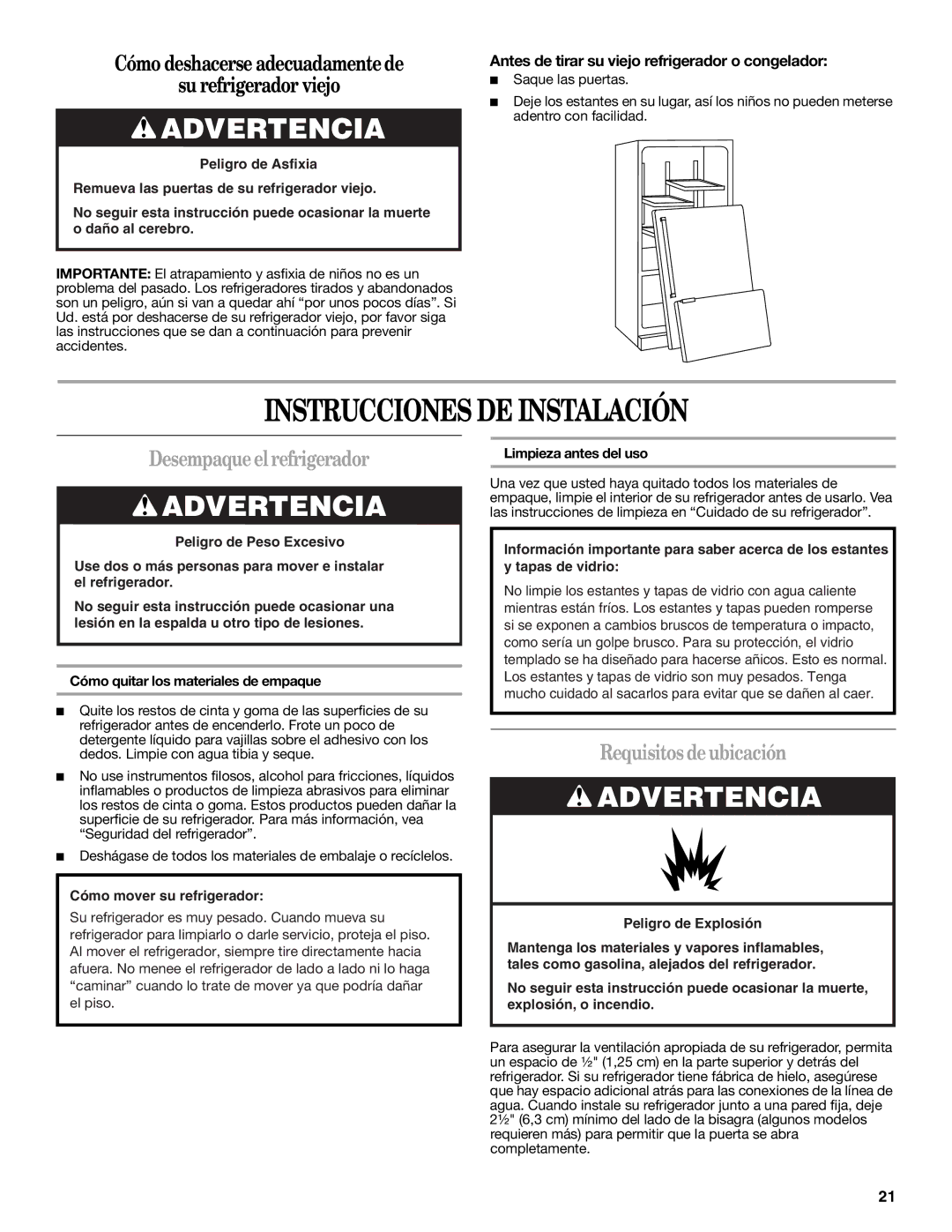 Whirlpool W10297791 Instrucciones DE Instalación, Desempaque el refrigerador, Requisitos de ubicación 